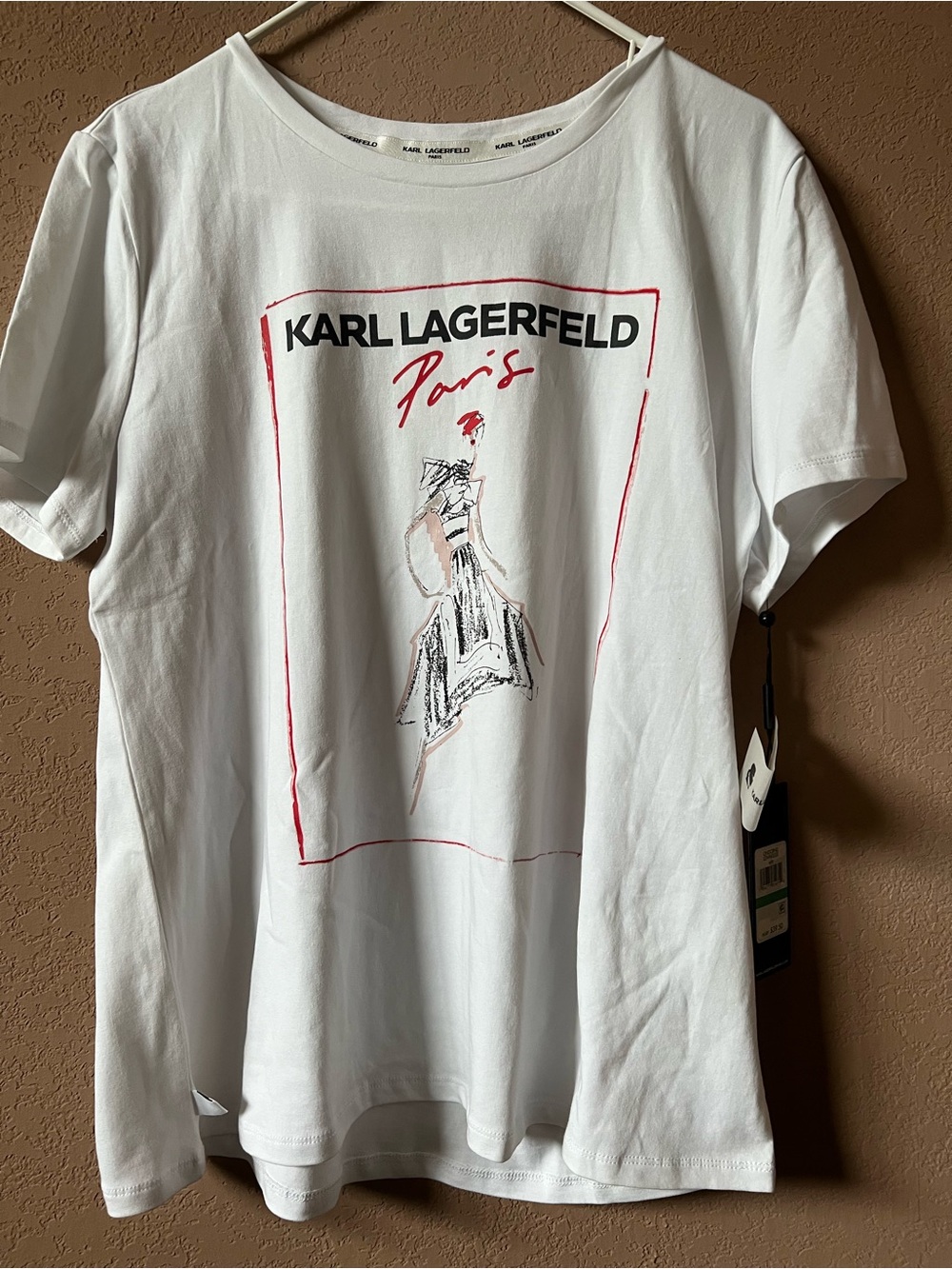 Karl Lagerfeld White Tee with Black Logo and Red Sketch Accents